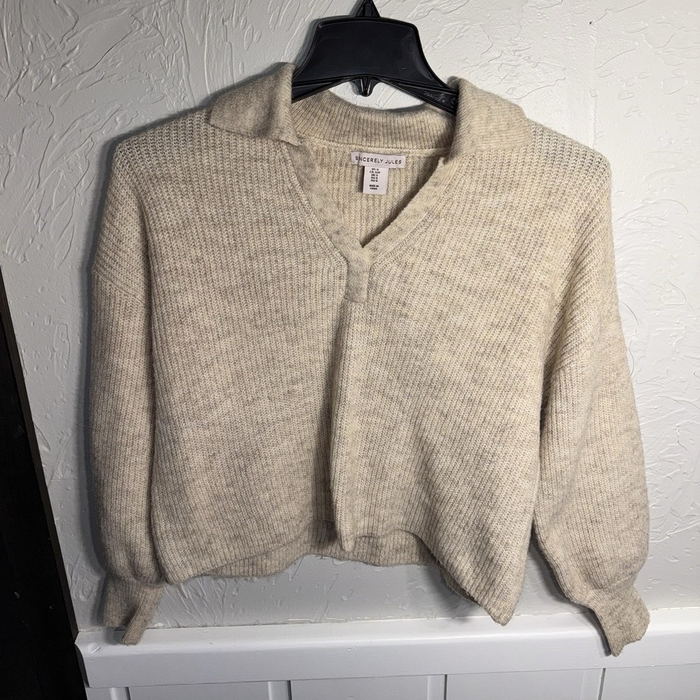 Sincerely Jules Small Flecked Cream Ribbed V-neck CollaredCrop Pullover Sweater